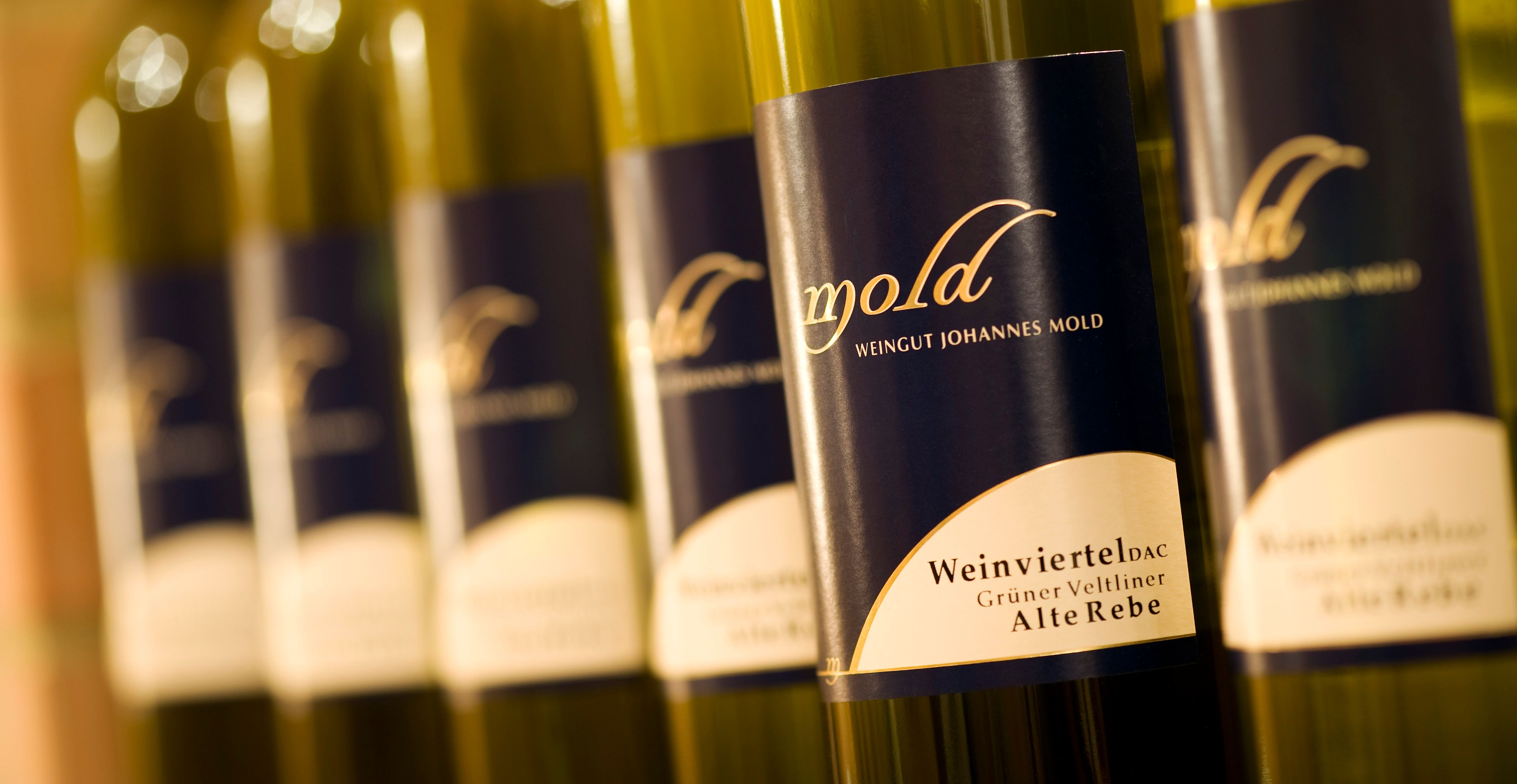 Detailní záběr na láhve vína s etiketou "Mold Weingut Johannes Mold".
