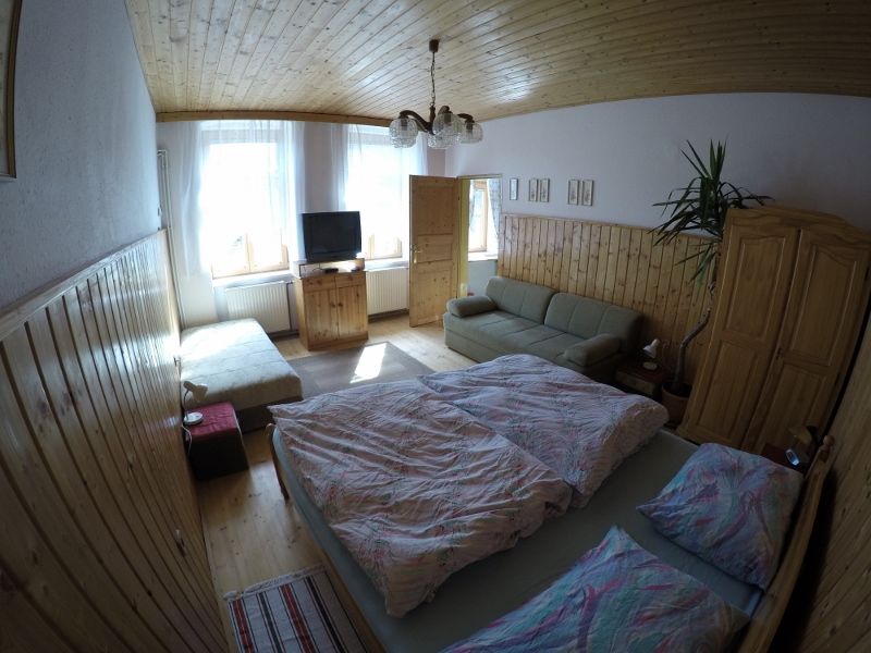 Útulná ložnice s manželskou postelí, pohovkou, TV a dřevěným nábytkem v rekreačním bytě.