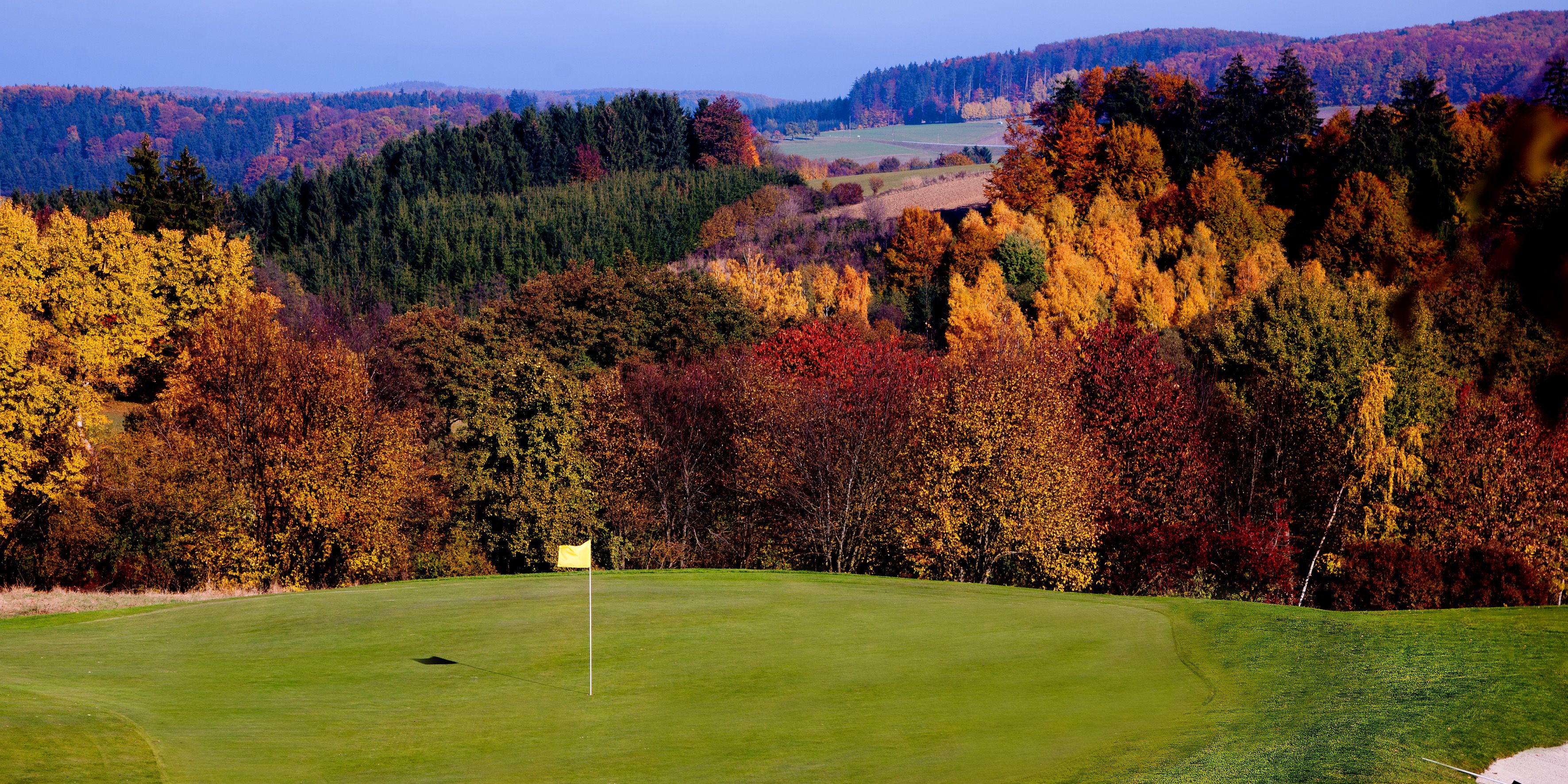 Golfové hřiště s podzimními stromy v pozadí, žlutá vlajka na greenu.