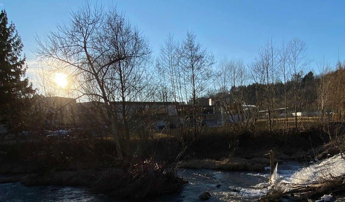 Západ slunce za stromy a řekou v údolí Zwettltal.