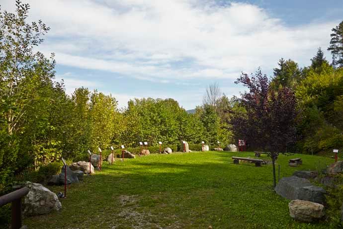 Zelená louka se stromy a kameny v geoparku Aspang.
