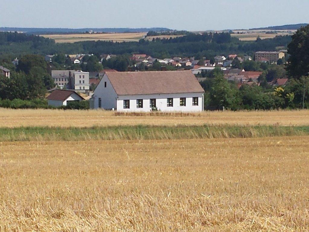 Na poli stojí bílý dům s červenou střechou, v pozadí je město a les.