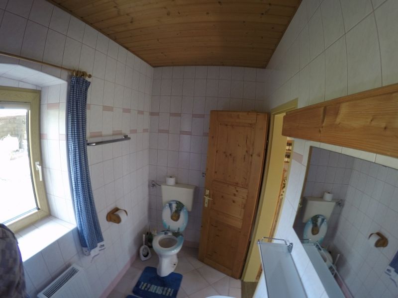 Koupelna s WC, dřevěným stropem a oknem s modrým závěsem.