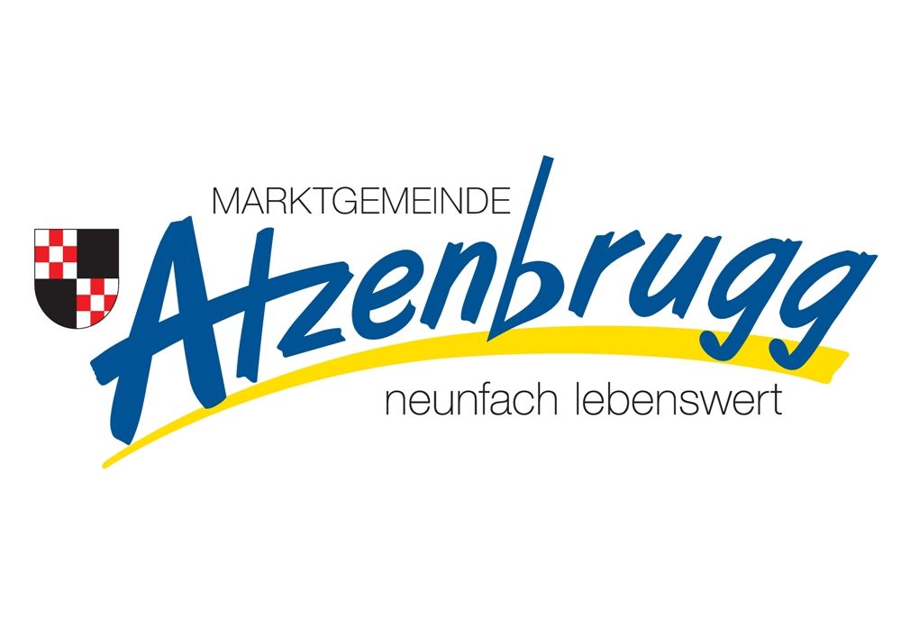 Logo tržního města Atzenbrugg se znakem a sloganem "neunfach lebenswert".