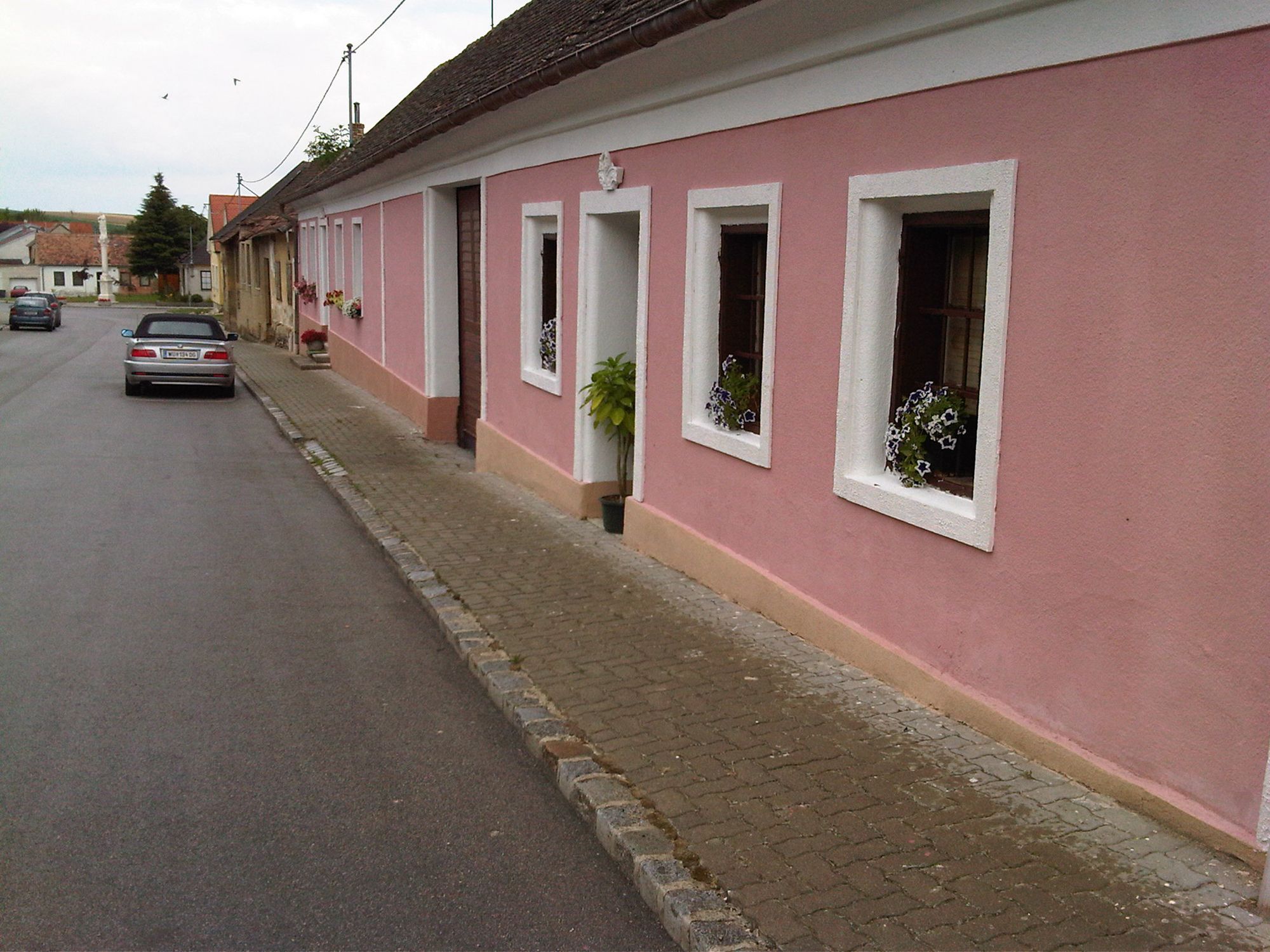 Pohled na ulici s růžovým domem a zaparkovaným autem.