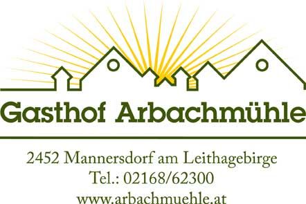 Logo hotelu Gasthof Arbachmühle se stylizovanými domy a slunečními paprsky.