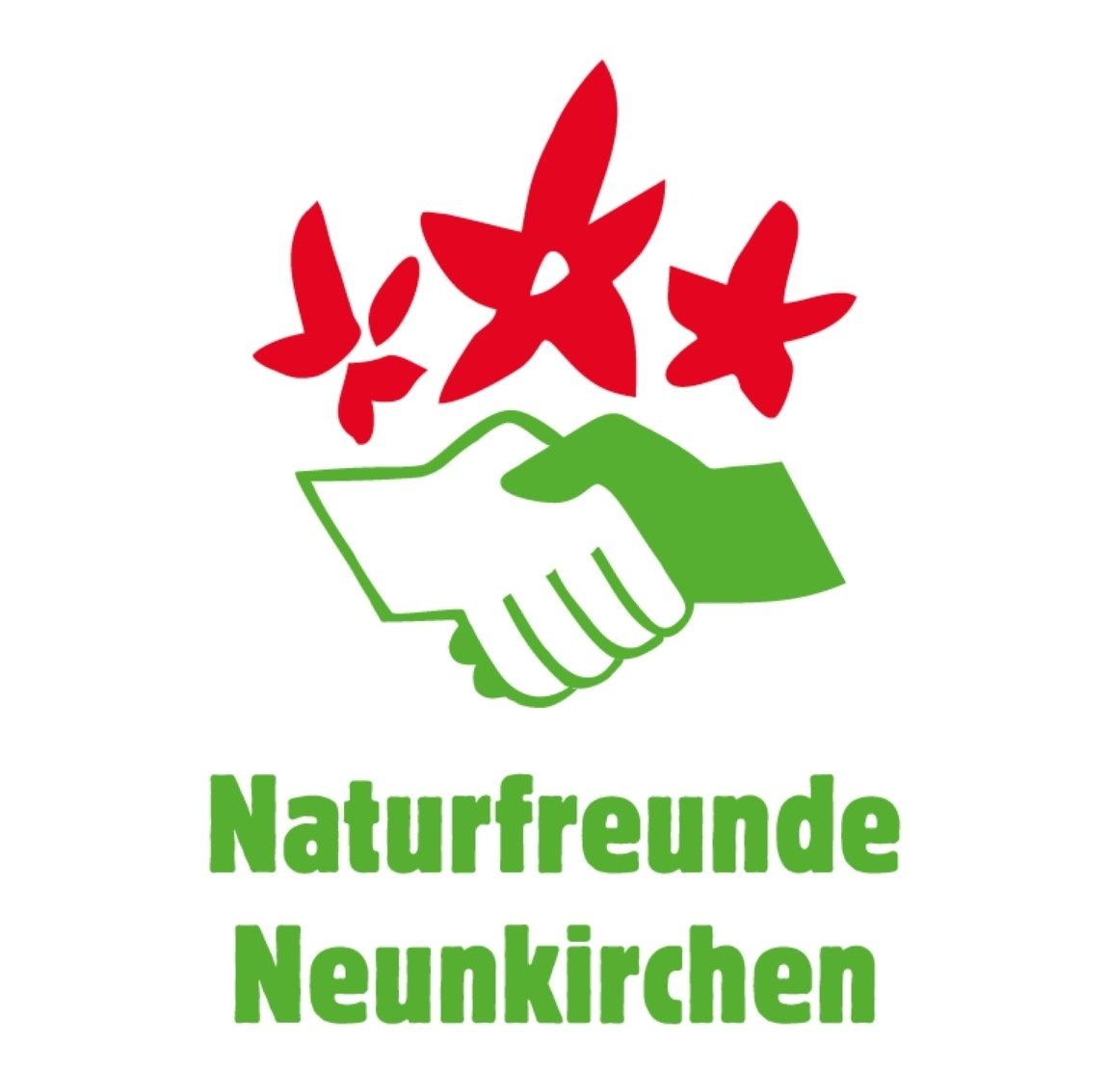 Logo Naturefriends Neunkirchen s motivem červených květin a zeleným podáním ruky.