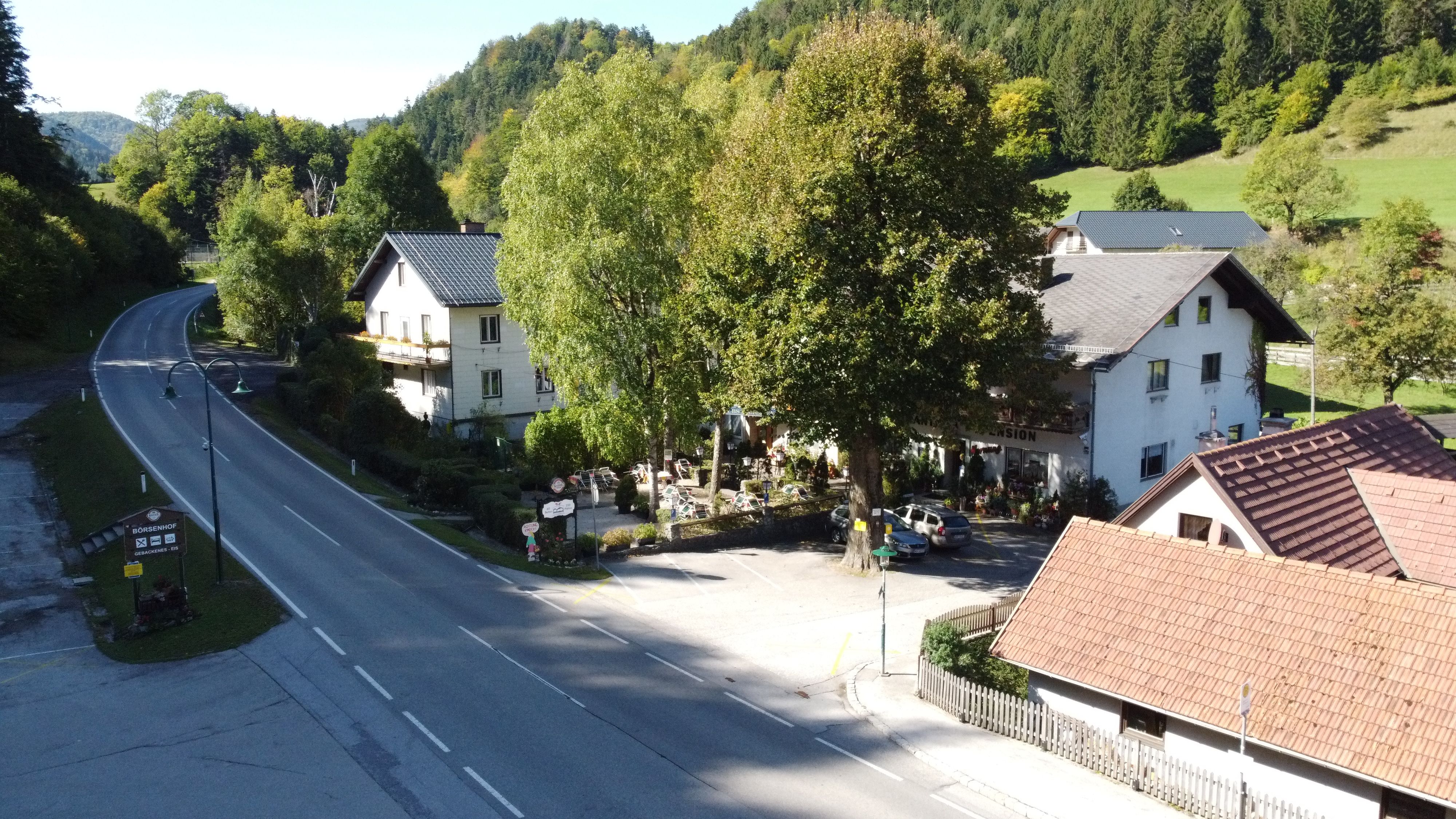 Venkovská ulice s domy a stromy v zeleném prostředí.