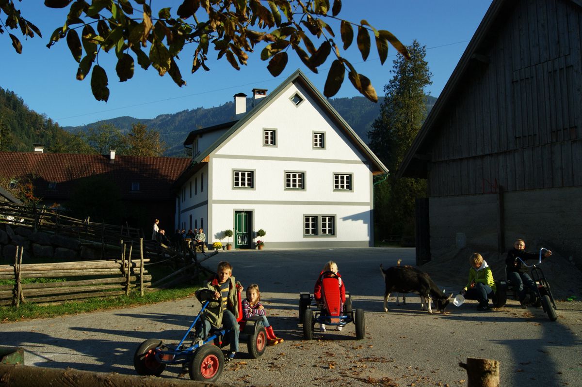 Děti hrající si na farmě s Kettcars a kozou v popředí.