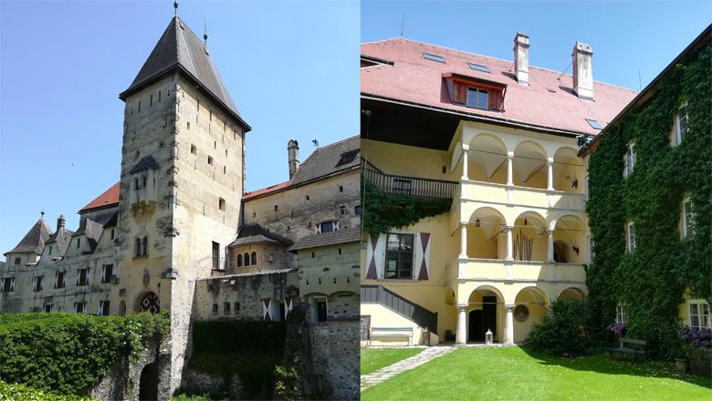 Dva pohledy na hrad Feistritz, vlevo věž a vpravo vnitřní nádvoří s arkádami.
