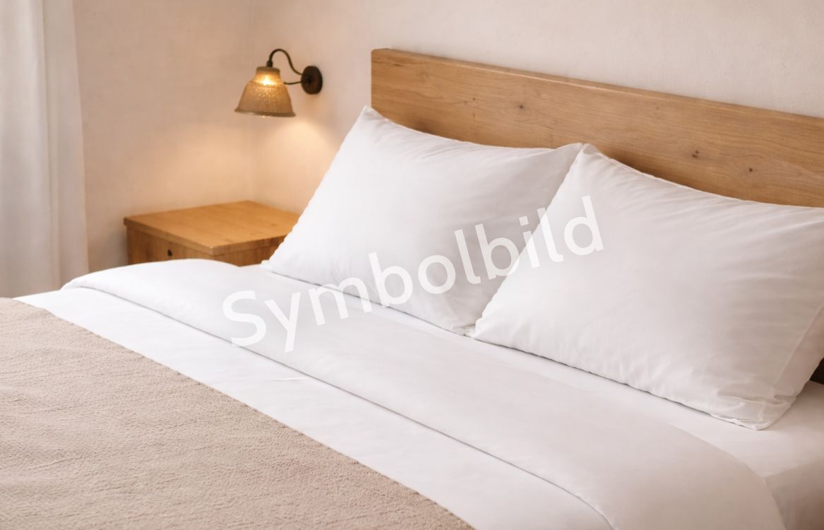 Útulná postel s bílými polštáři a povlečením, vedle ní noční stolek s lampičkou. Jako vodoznak je na obrázku nápis „Symbolický obrázek“
