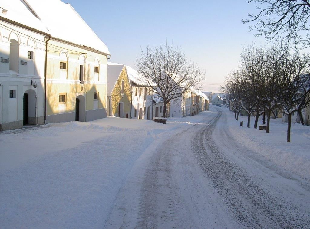 Zasněžená ulice s historickými budovami a stromy v rakouském Straningu.