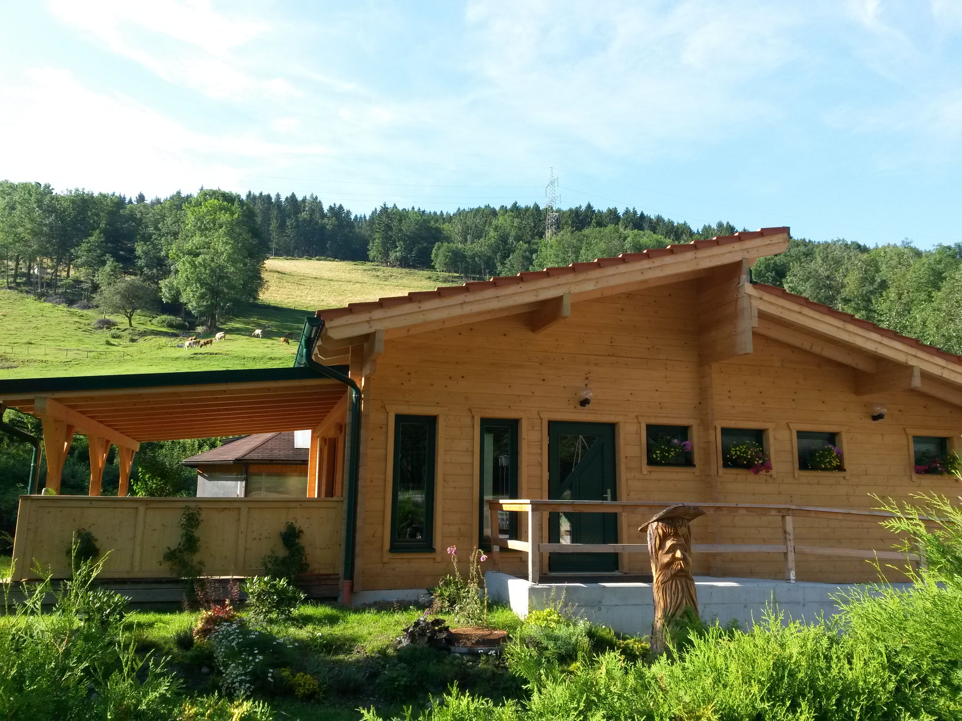 Srubová sauna ve venkovském prostředí s dřevěnou verandou a květinovými truhlíky.