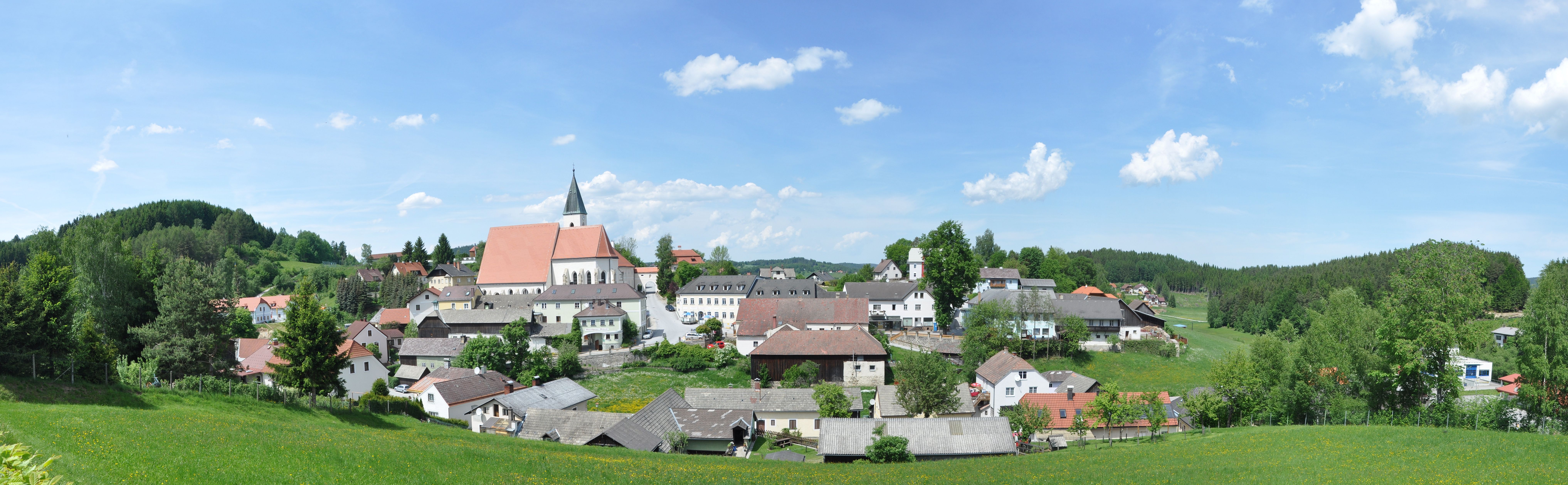 Panorama tržního městečka Schönbach s kostelem a okolními domy, obklopeného zelenými loukami a lesy pod modrou oblohou.