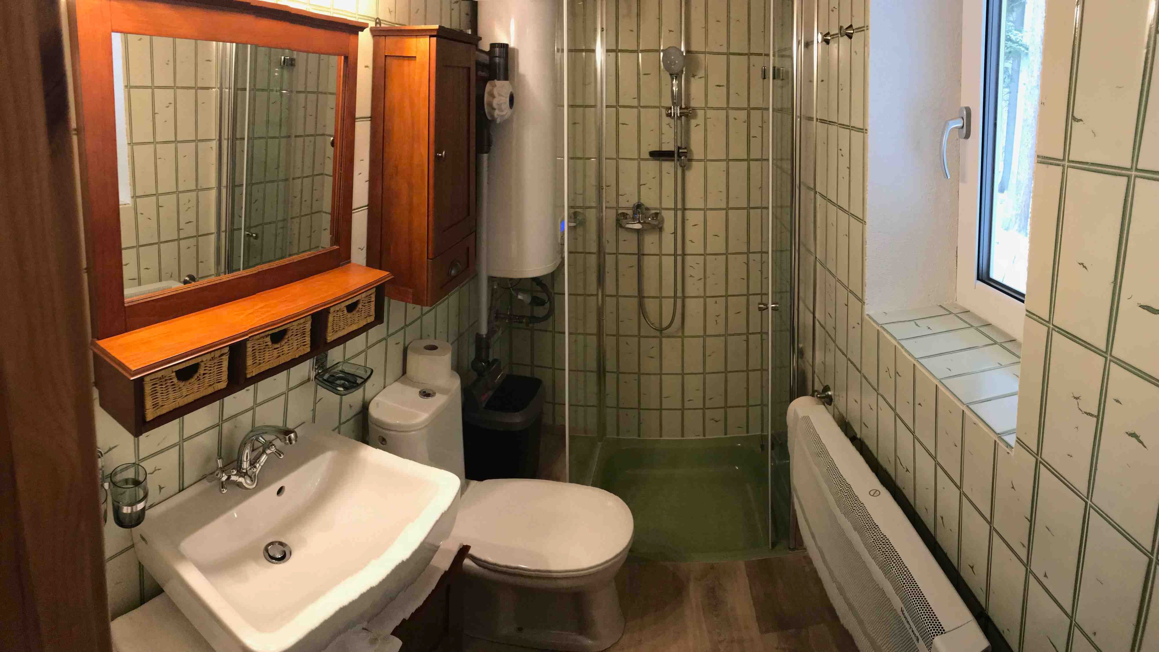 Malá koupelna se sprchovým koutem, umyvadlem, toaletou a dřevěnými skříňkami.