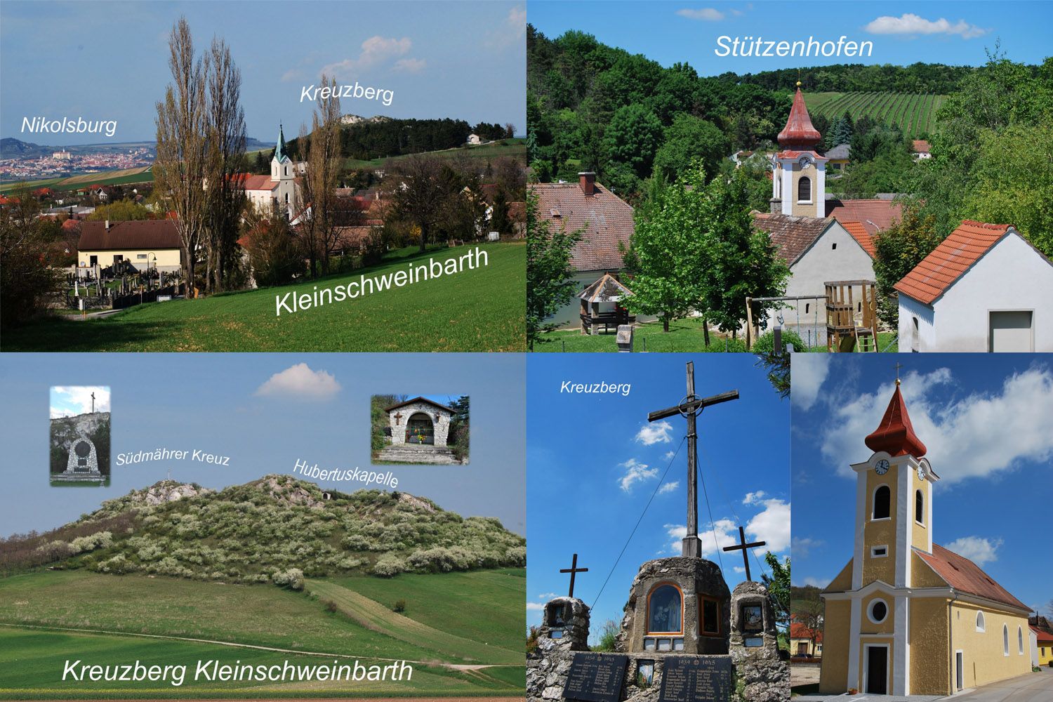 Koláž krajiny a staveb v Drasenhofenu, včetně kostelů a křížů.