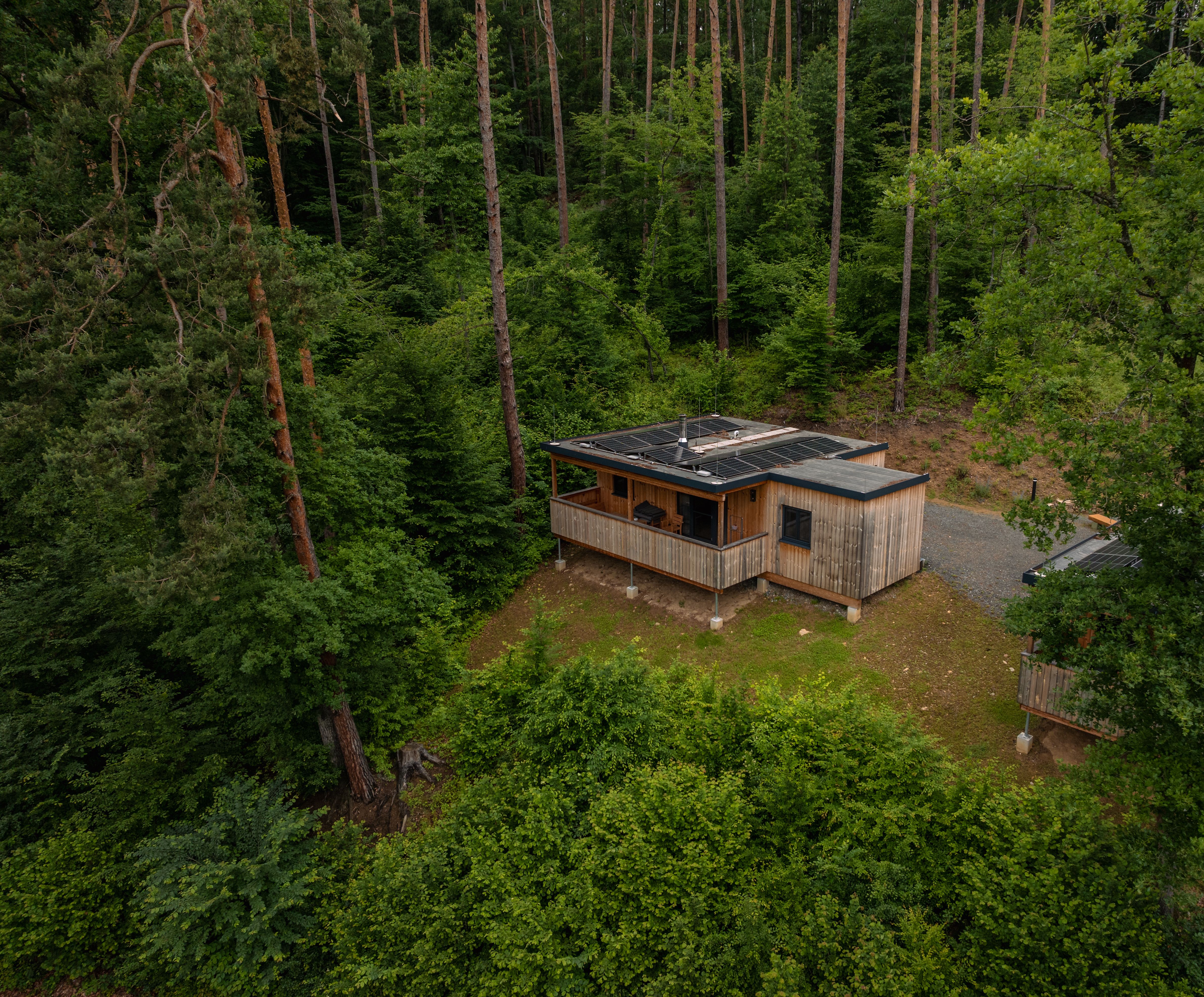 Letecký pohled na zříceninu hradu u jezera, obklopenou lesem a kopci.