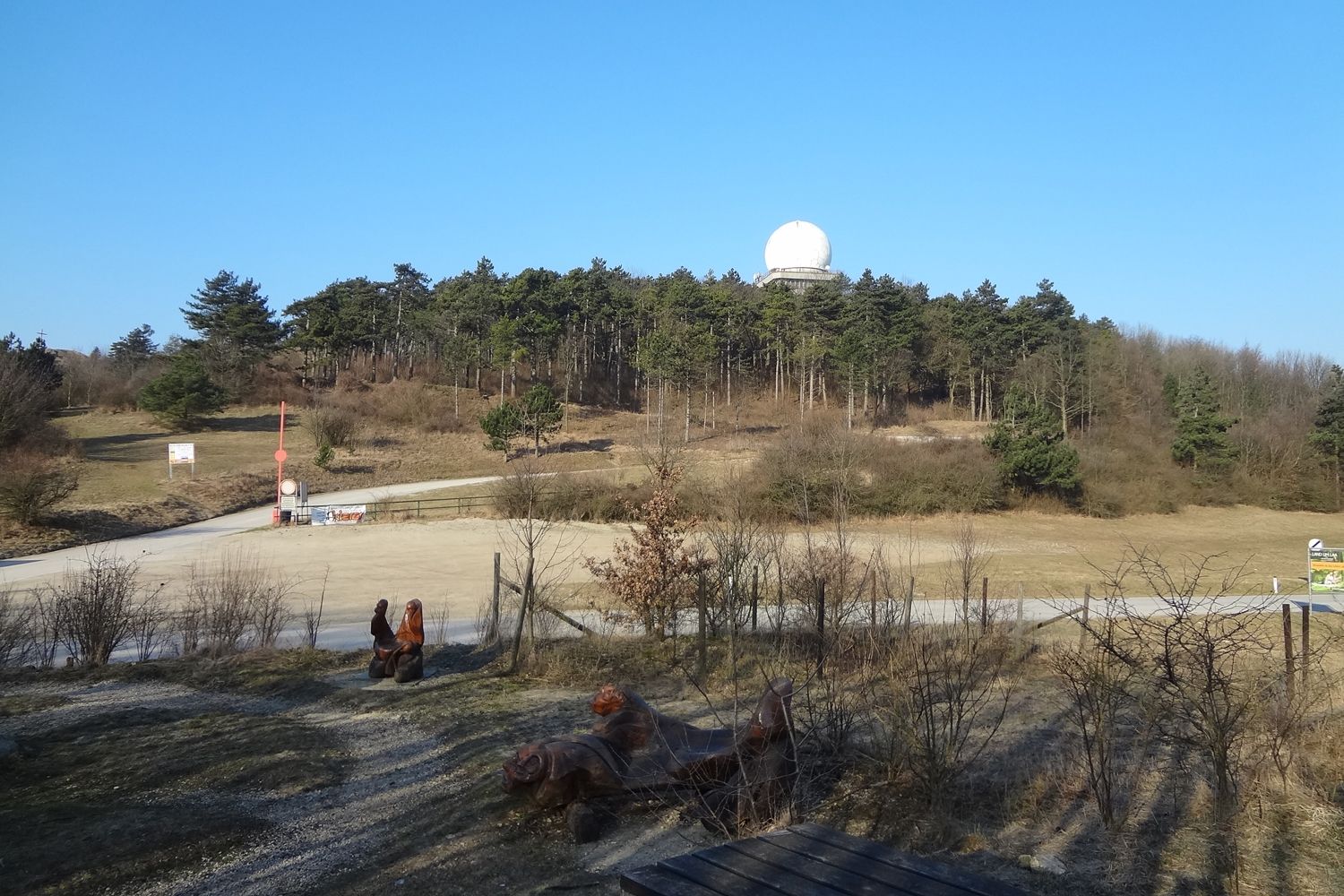 Krajina s kopci, lesem a radarovou kopulí na Buschbergu.