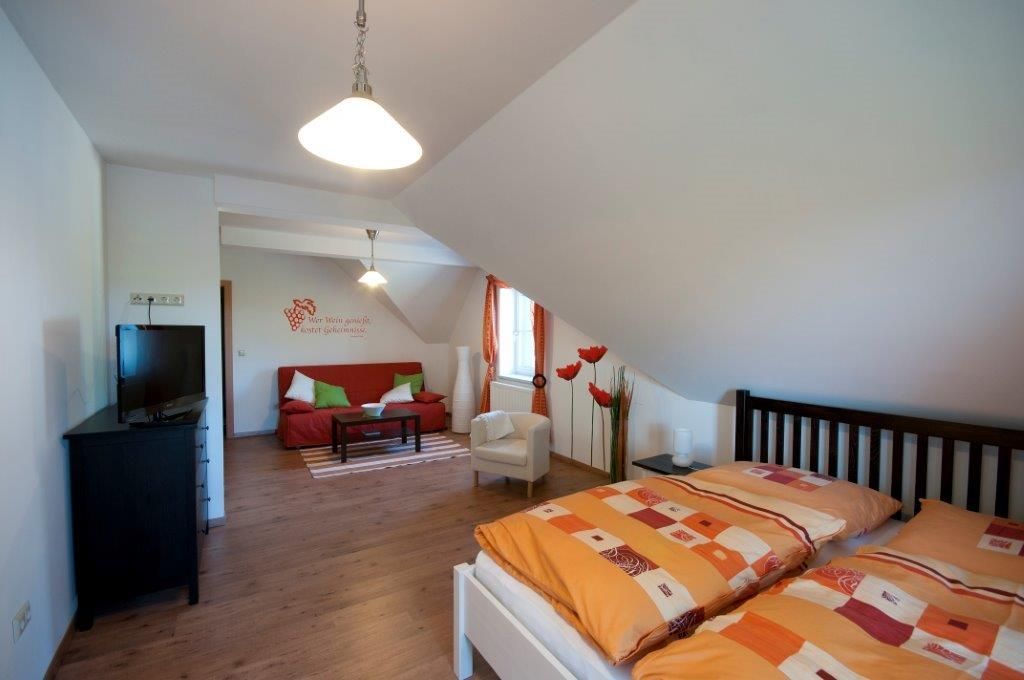 Útulný pokoj pro hosty s manželskou postelí, pohovkou, TV a dekorativními prvky.