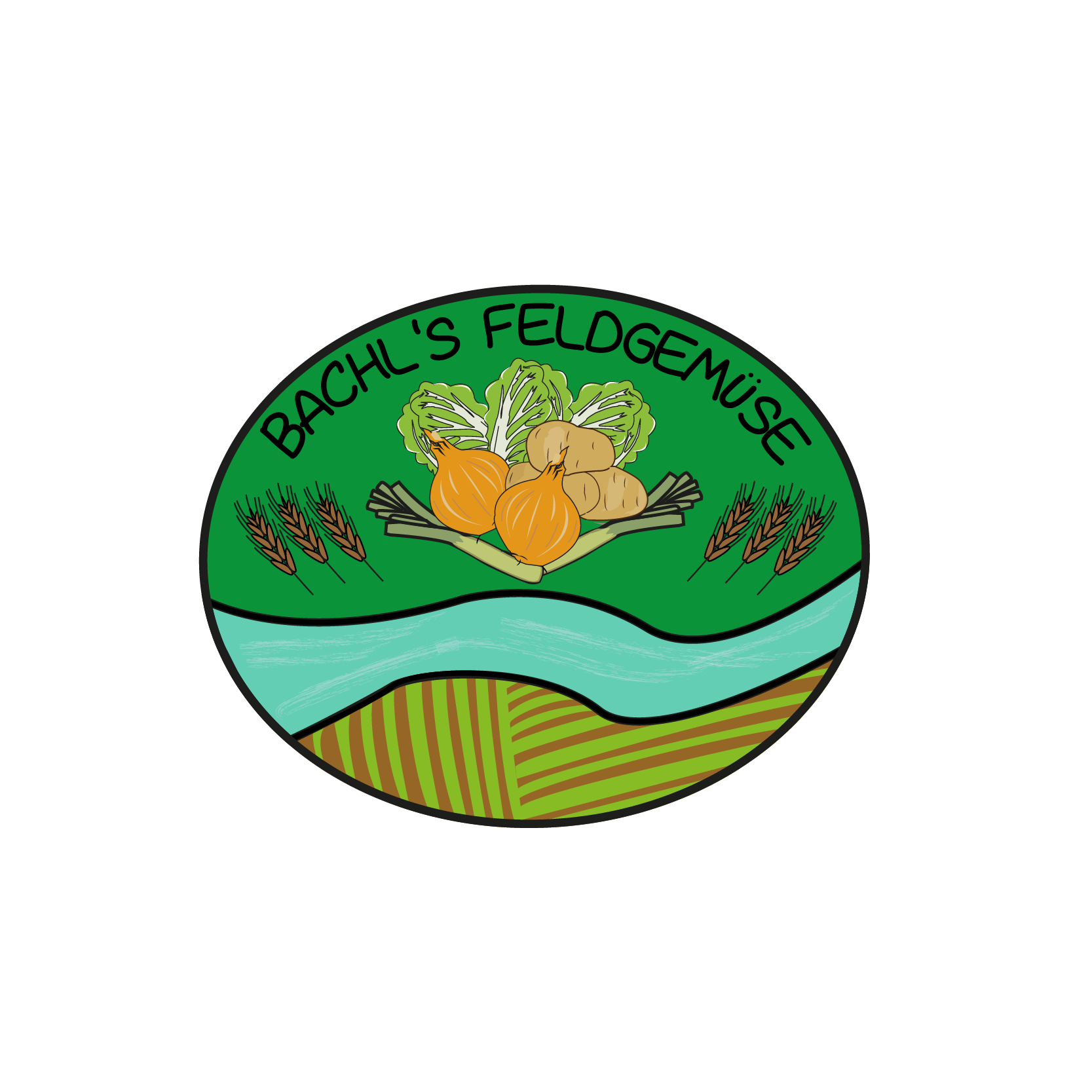 Logo firmy Bachl's Feldgemüse se zeleninou a krajinou.