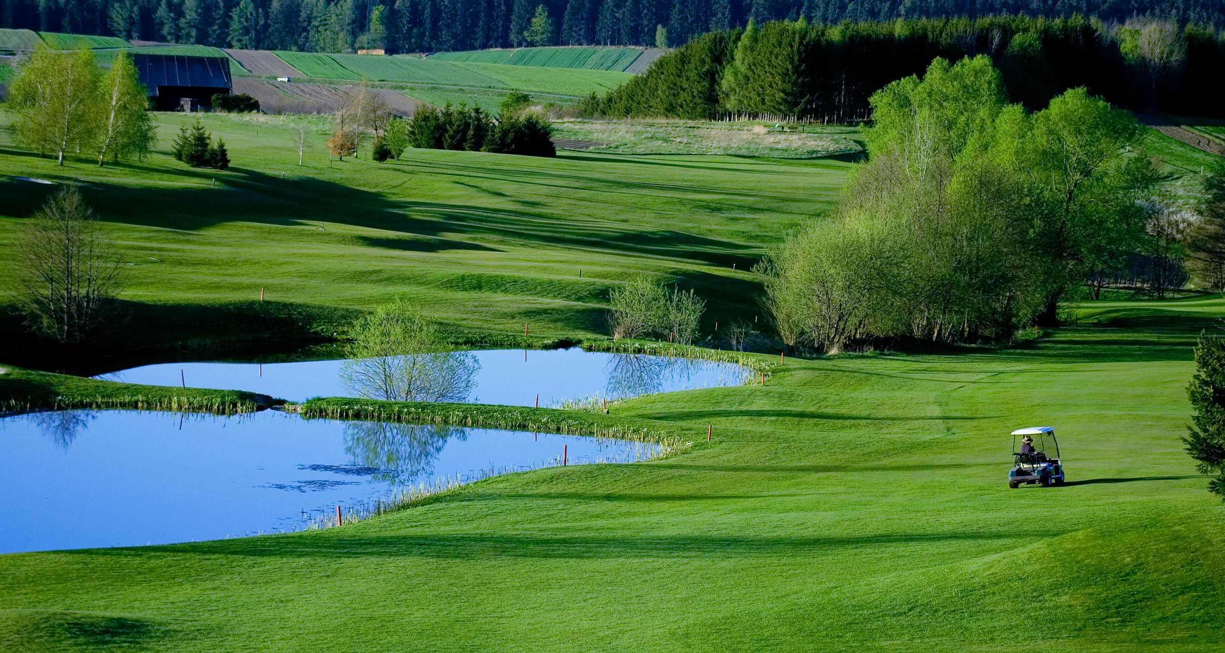 Golfové hřiště s rybníkem a golfovým vozíkem, obklopené zelenými stromy a loukami.
