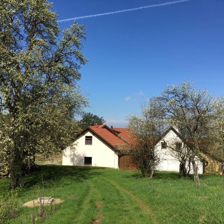 Bílý dům s červenou střechou stojí na zelené louce, obklopený kvetoucími stromy pod jasně modrou oblohou.