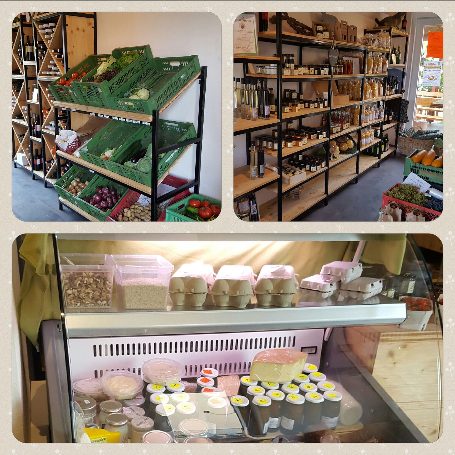 Pohled do interiéru farmářského obchodu s regály plnými zeleniny, džemů, vajec a mléčných výrobků.