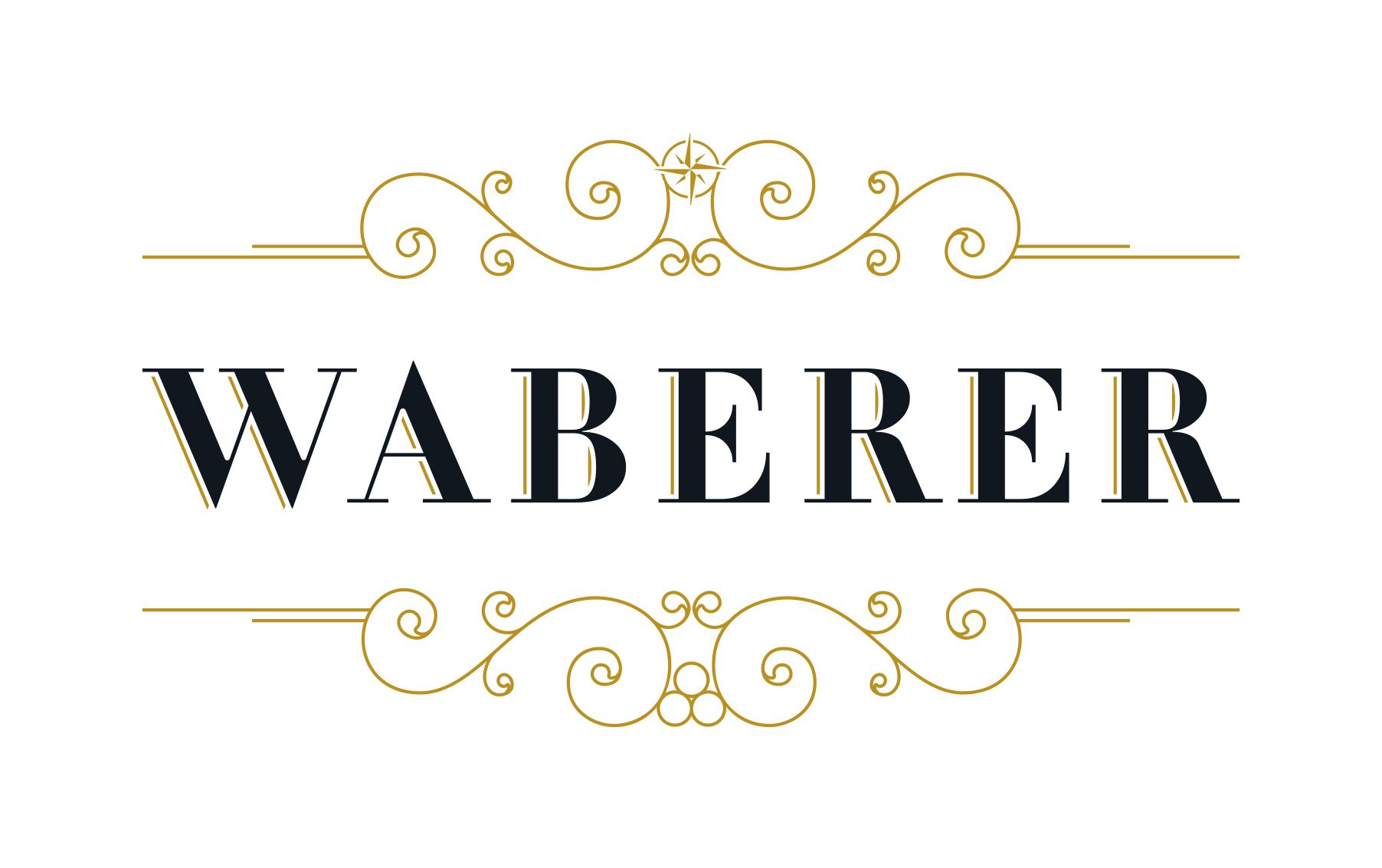 Logo s nápisem "WABERER" a ozdobnými zlatými ornamenty.