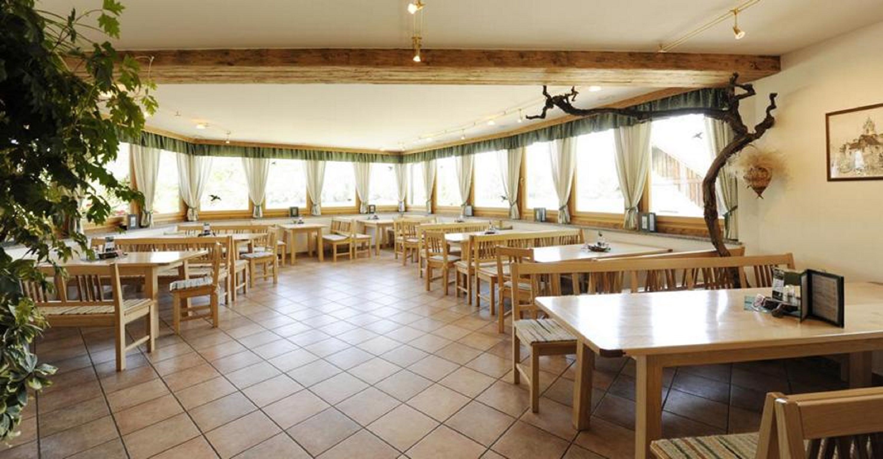 Pohled do interiéru vinárny s dřevěným nábytkem a velkými okny.