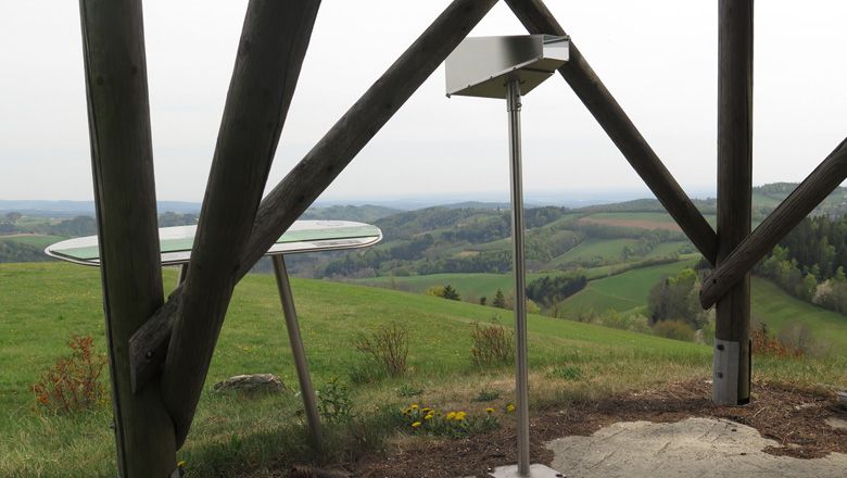 Vyhlídka ve Vídeňských Alpách s dalekohledem a panoramatickou tabulí.