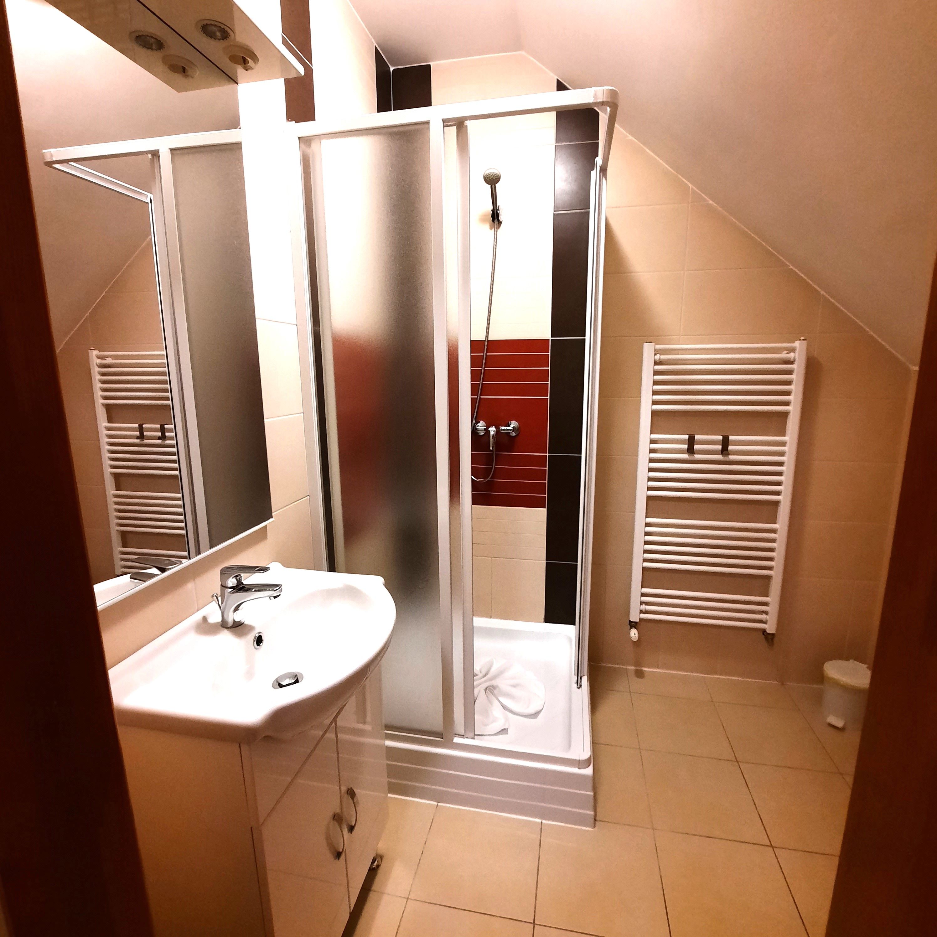 Moderní koupelna se sprchovým koutem, umyvadlem a radiátorem na ručníky.