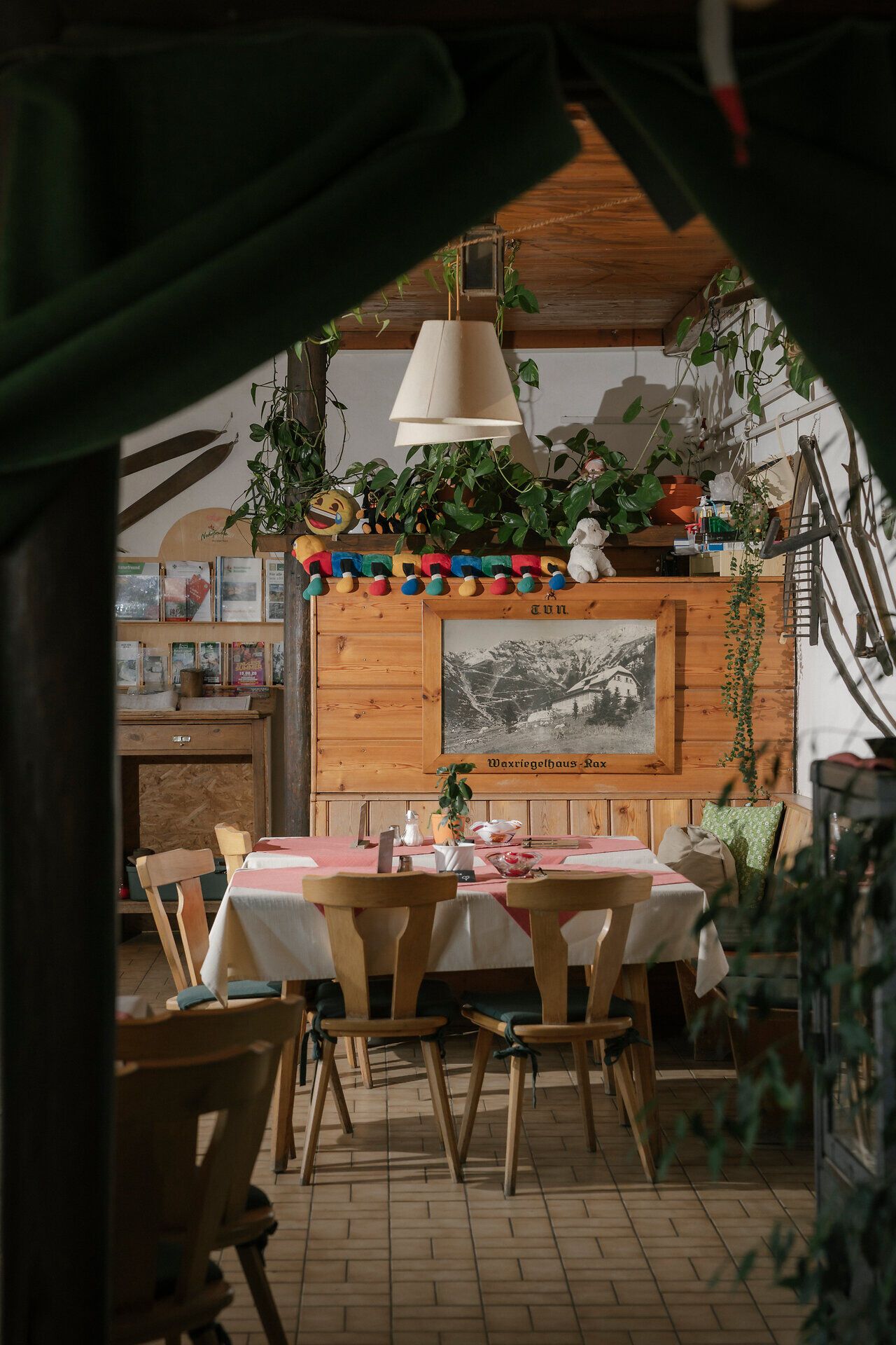 Útulná jídelna v restauraci Waxriegelhaus na hoře Rax s dřevěnými stoly, rostlinami a vkusnou výzdobou
