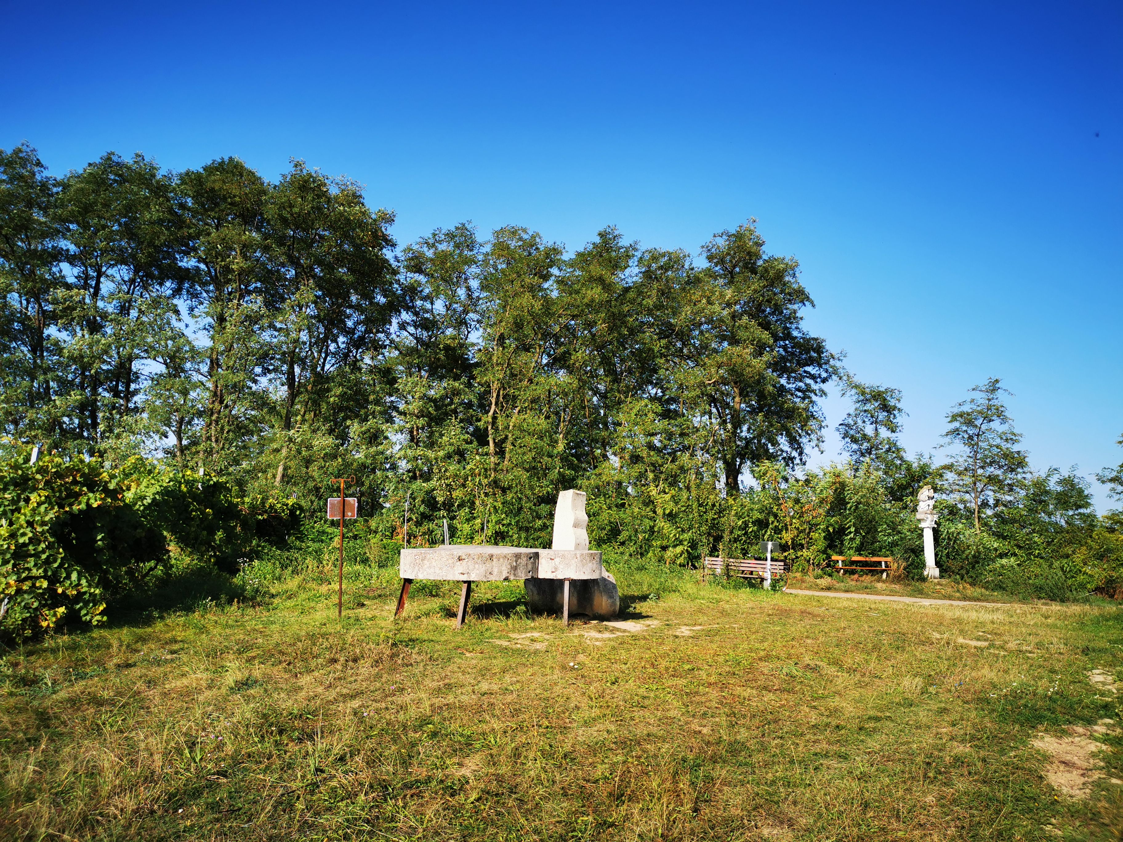 Louka s lavičkami a sochami před stromy a modrou oblohou.