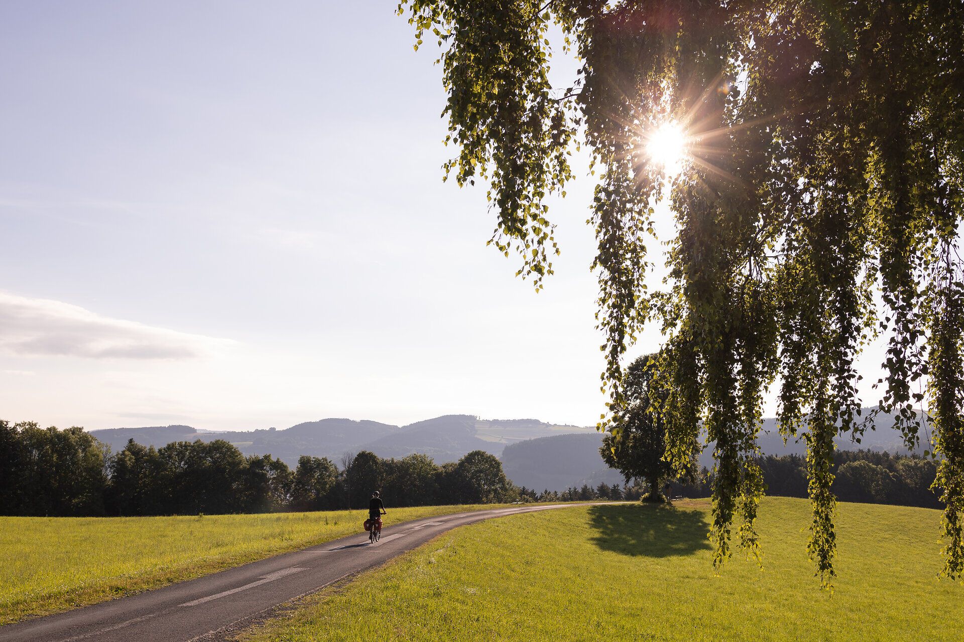 Ein sanfter Radweg schlängelt sich durch die malerische Landschaft, umgeben von saftigem Grün und majestätischen Bergen. Die warmen Sonnenstrahlen tauchen die Szenerie in ein goldenes Licht und laden dazu ein, die frische Bergluft zu genießen. Hier, in der Ruhe der Natur, wird jeder Moment zu einem unvergesslichen Erlebnis.