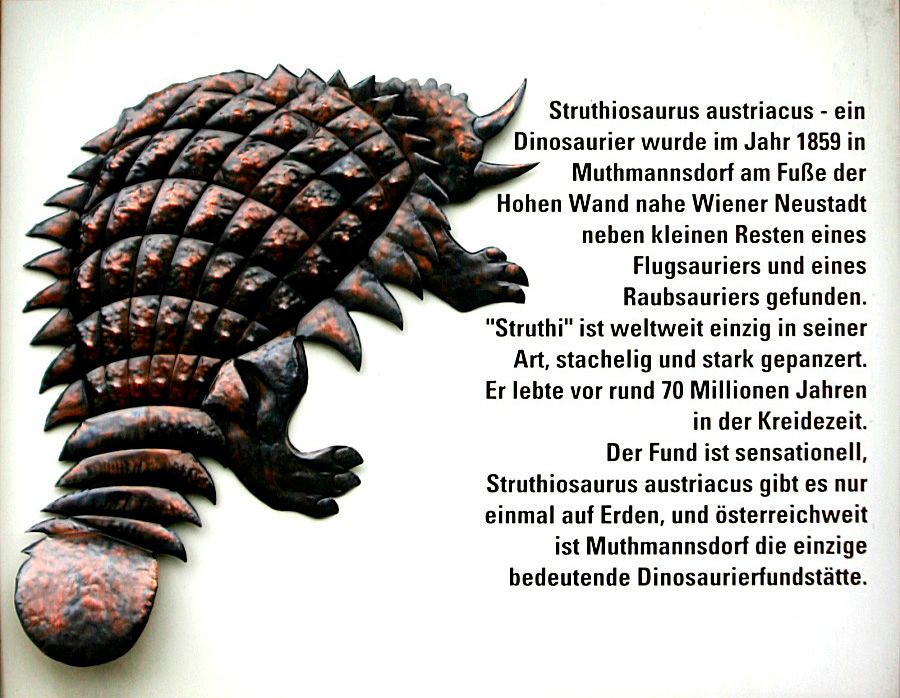 Reliéf obrněného dinosaura s textem o Struthiosaurus austriacus.