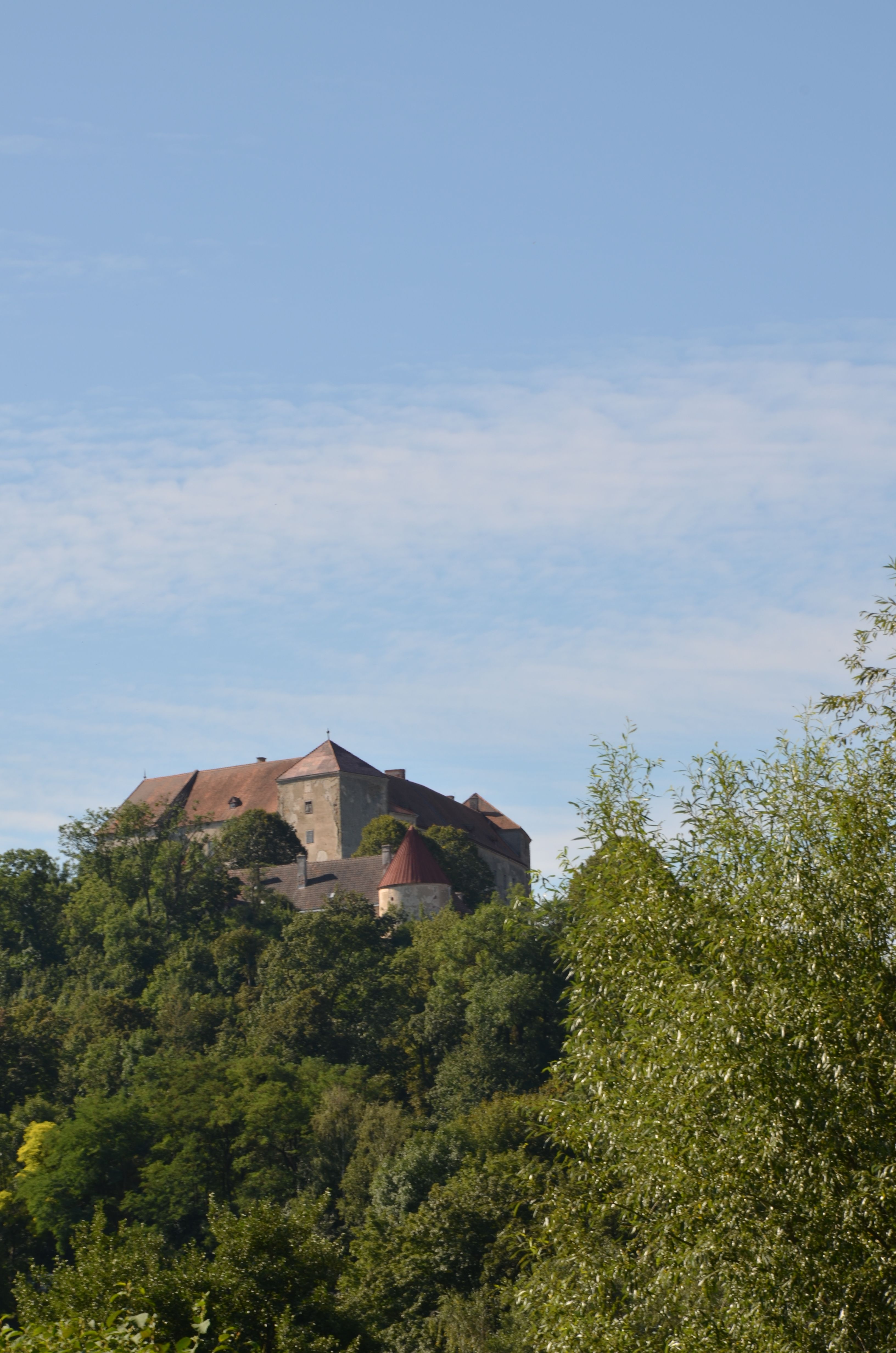 Hrad Neulengbach na zalesněném kopci pod modrou oblohou.