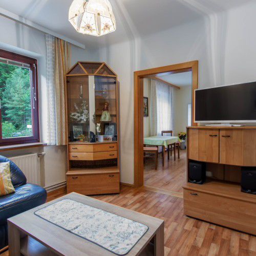 Obývací pokoj se skleněnou skříní a dřevěnou vitrínou