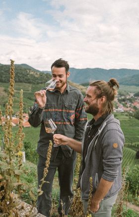 Inmitten der sanften Hügel und Weinreben genießen zwei Freunde den Augenblick mit einem Glas Wein in der Hand. Die malerische Landschaft der Donau in Niederösterreich bietet eine perfekte Kulisse für entspannte Stunden in der Natur.