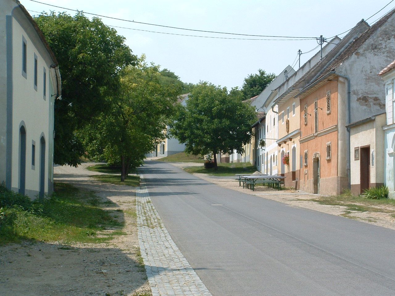 Ulice s tradičními budovami a stromy ve venkovském prostředí.