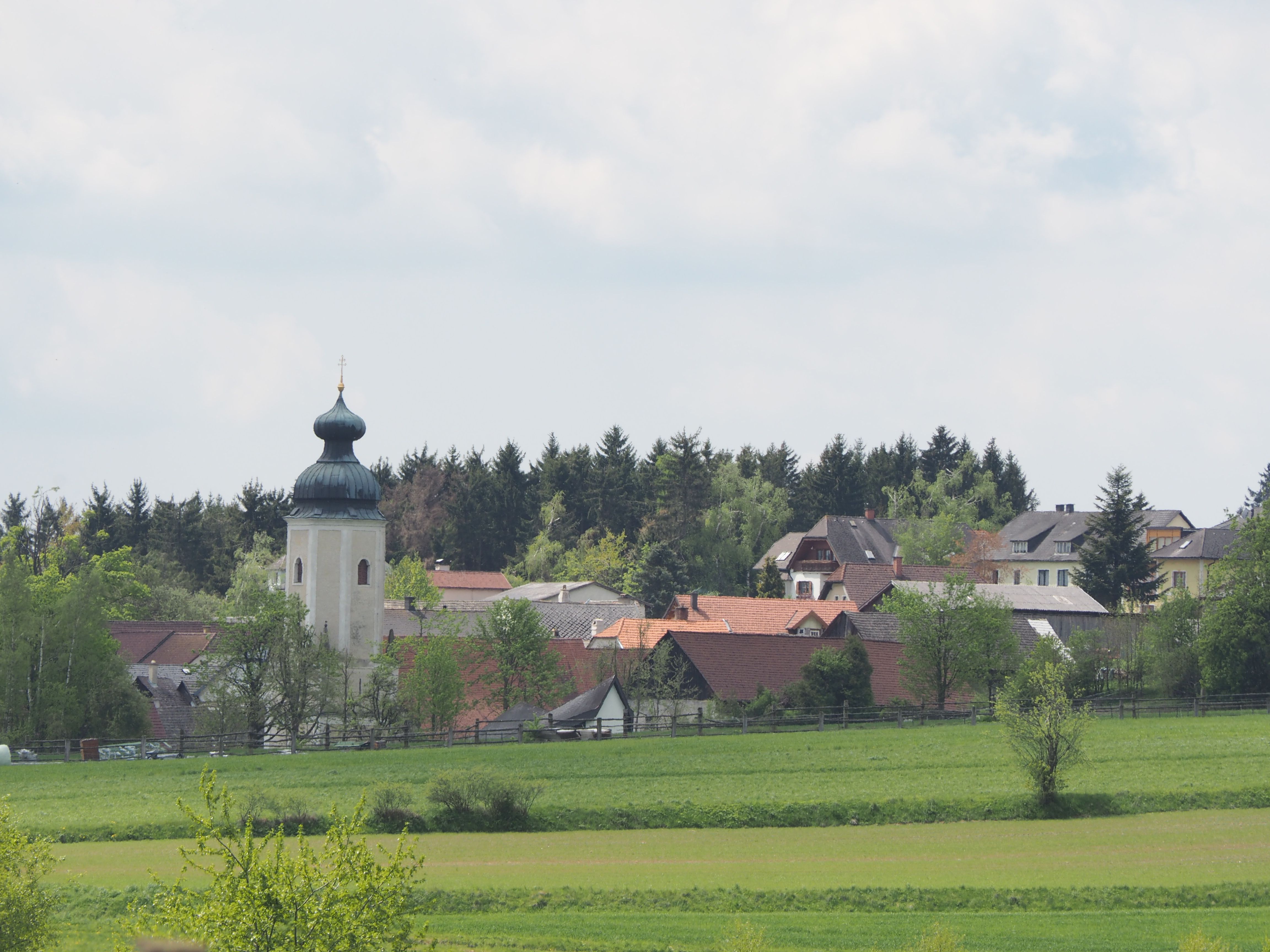 Farní kostel Sallingberg s cibulovou kopulí ve venkovském prostředí.