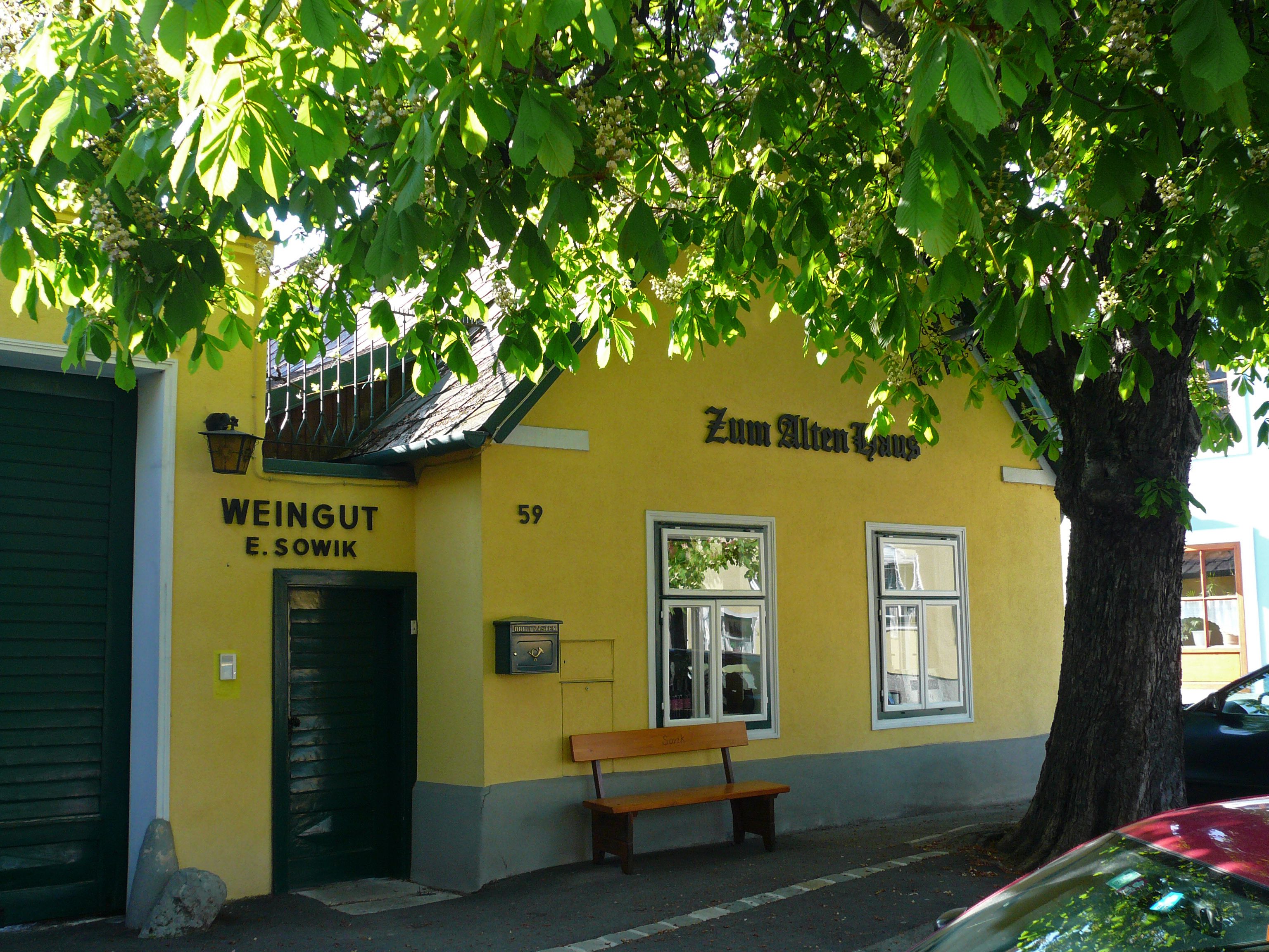 Žlutá budova s nápisy "Zum Alten Haus" a "Weingut E. Sowik", obklopená zelenými stromy.