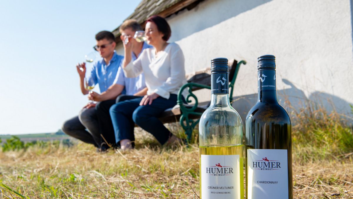 V popředí dvě láhve vína z Weingut Humer, v pozadí tři lidé na lavičce popíjející víno.