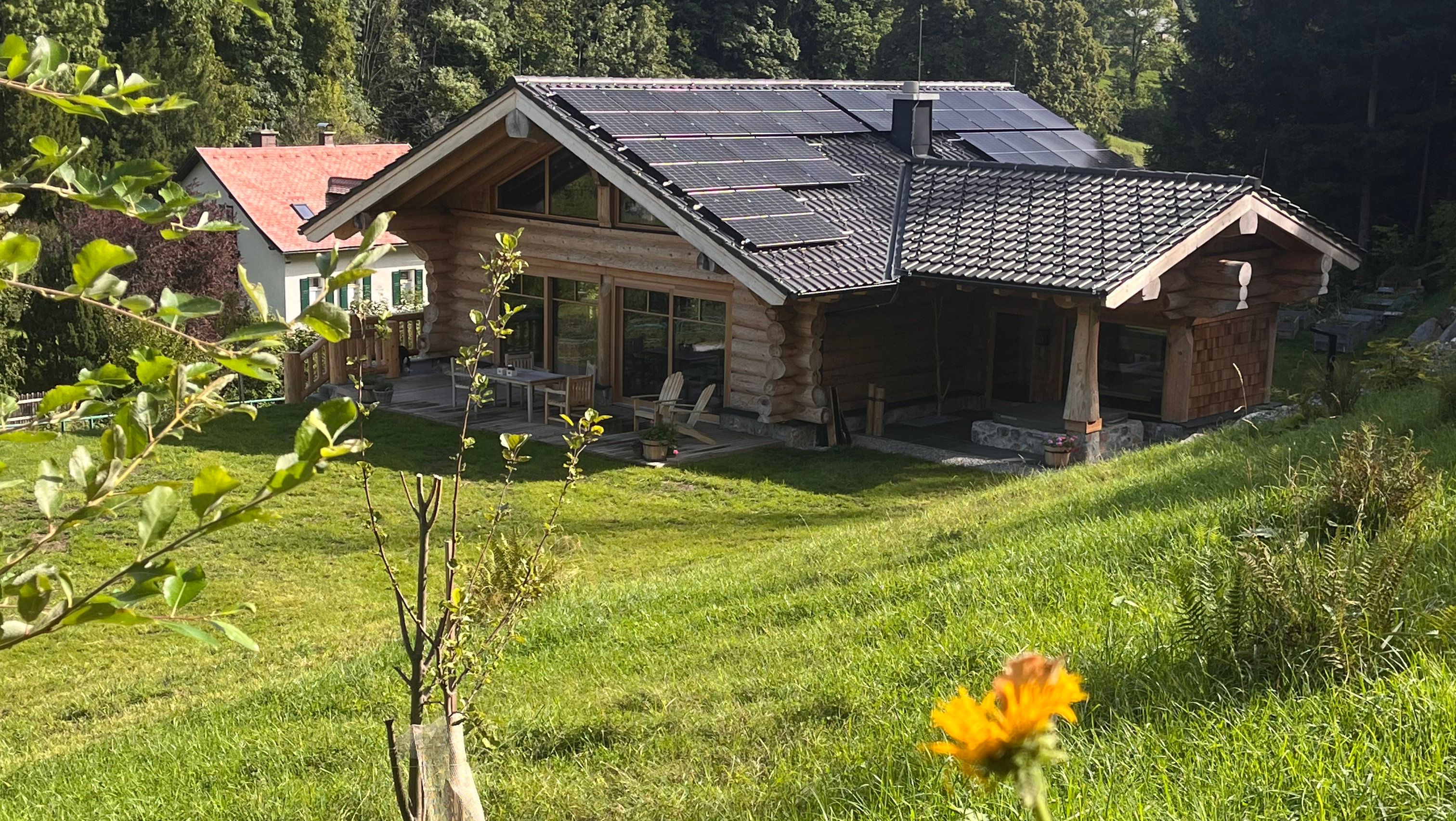Dřevěný dům se solárními panely na střeše, obklopený zelení a stromy.