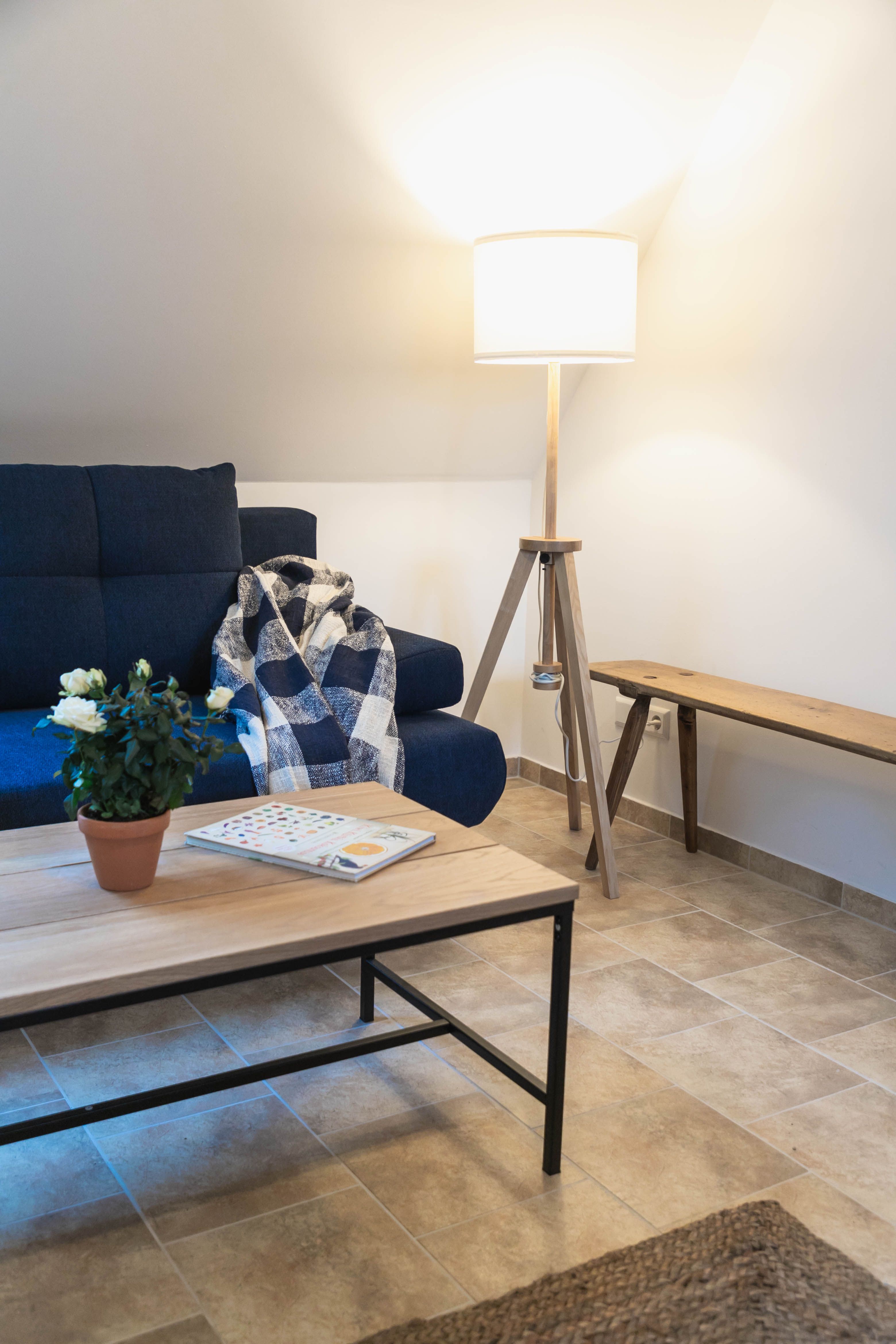 Útulný čtecí koutek s modrou pohovkou, dekou, stojací lampou a dřevěným stolkem s rostlinou a knihou.