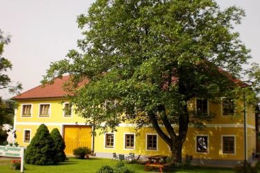 Žlutá budova s červenou střechou a velkým stromem v popředí.