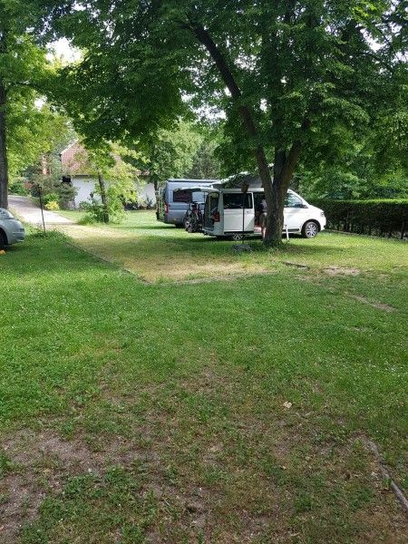 Dva obytné vozy jsou zaparkované pod stromy v zeleném kempu.