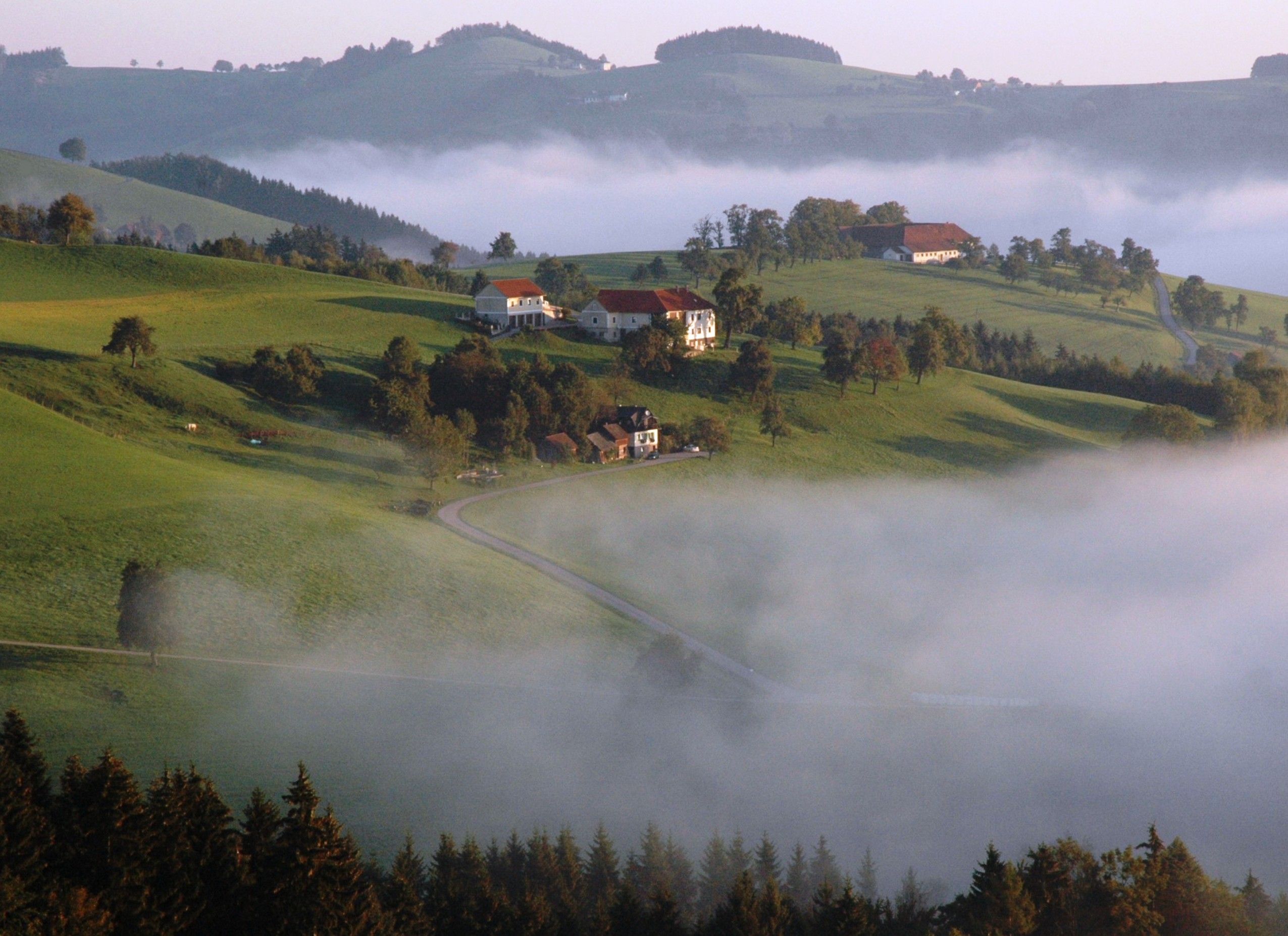 Podzimní krajina se zelenými kopci, roztroušenými domy a mlhou.