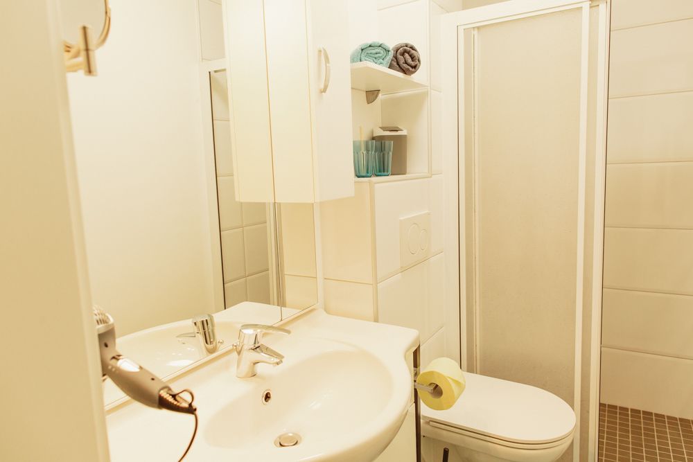 Malá koupelna s umyvadlem, zrcadlem, sprchou a toaletou.