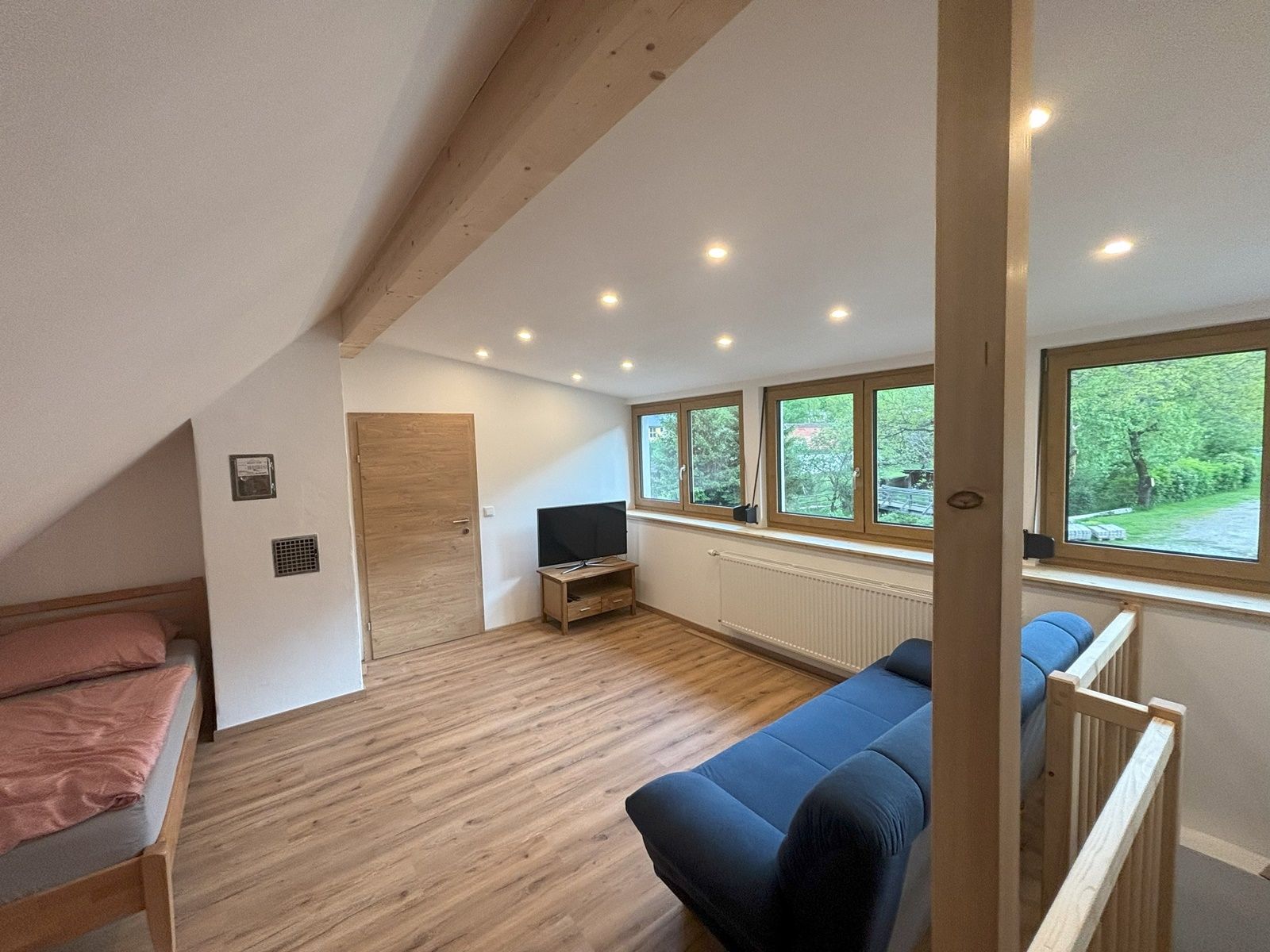 Otevřený pokoj s dřevěnou podlahou, postelí, pohovkou a TV, velká okna s výhledem do krajiny.