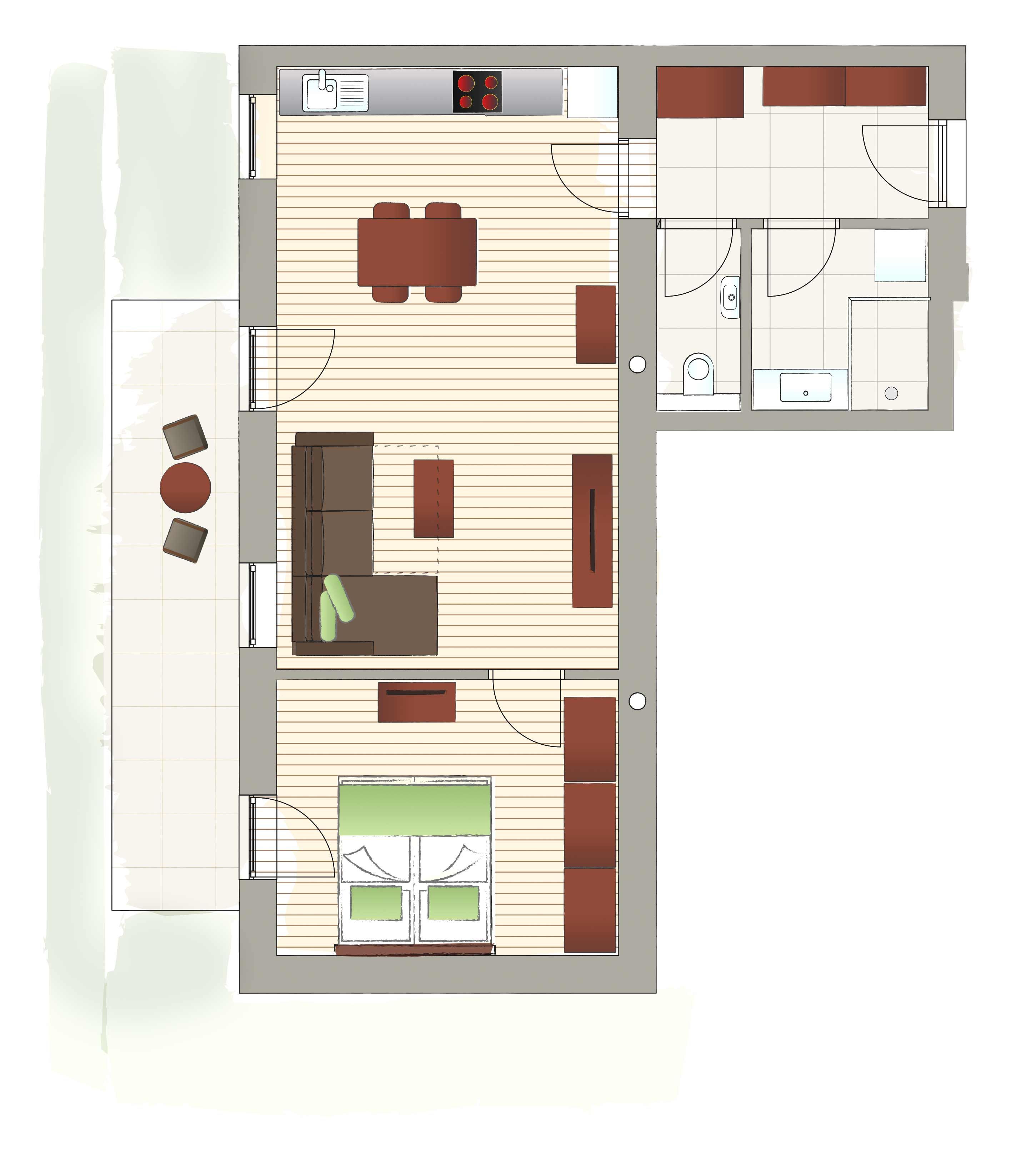 Půdorys bytu s obývacím pokojem, kuchyní, ložnicí, koupelnou a balkonem.
